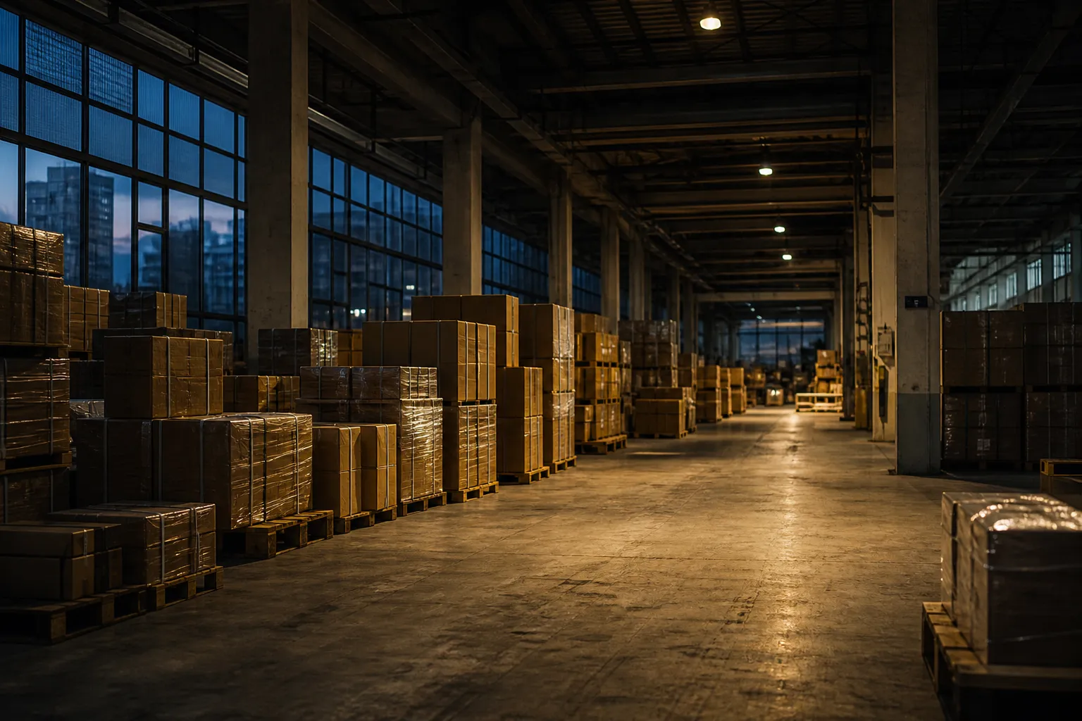 Wide view down an aisle of our Hong Kong warehouse showing racking and stacked pallets