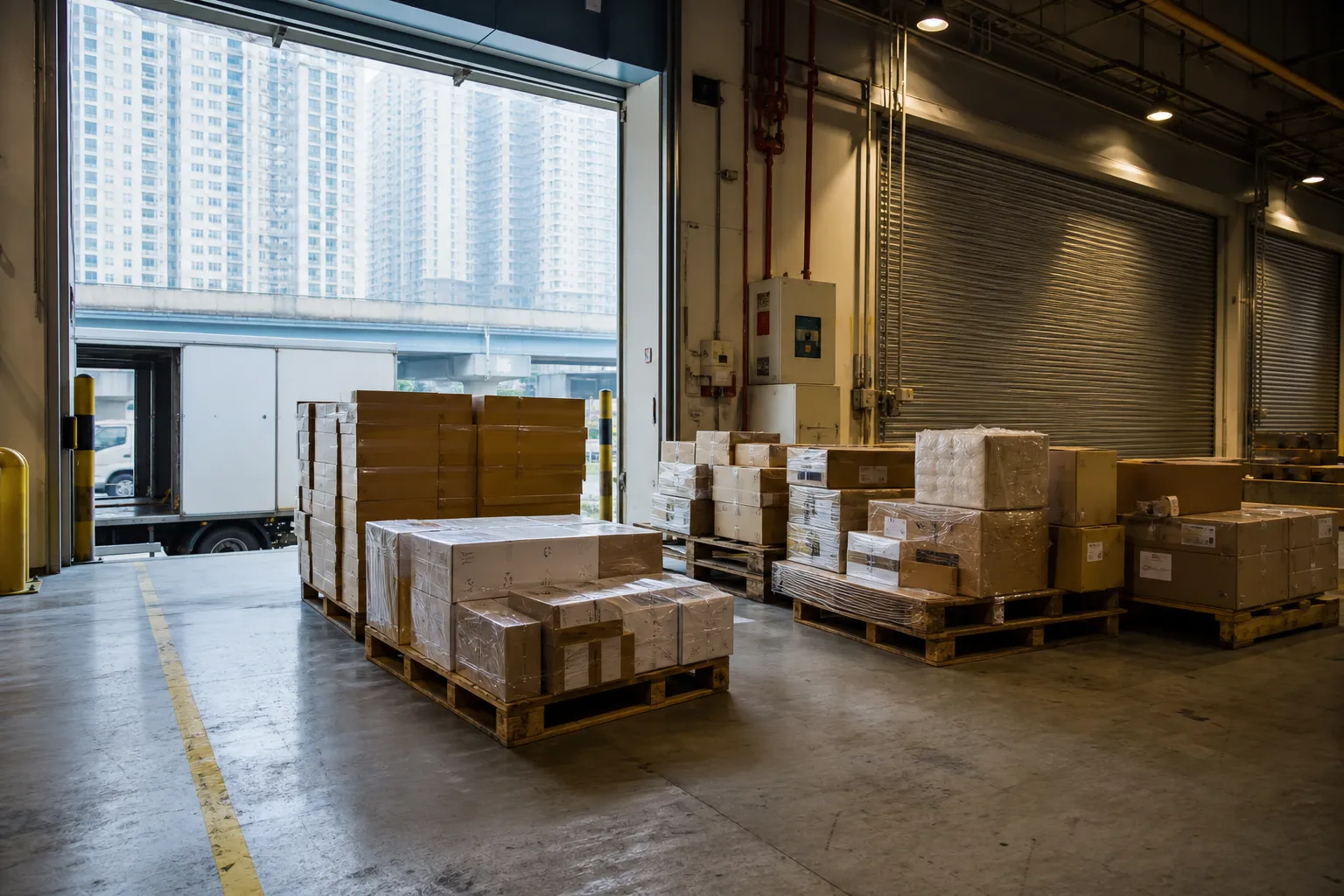 Goods being loaded onto a truck at the warehouse loading bay